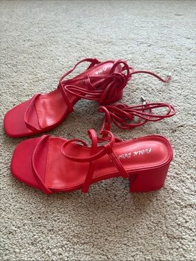 Public Desire Red Strappy Block Heel Sandals